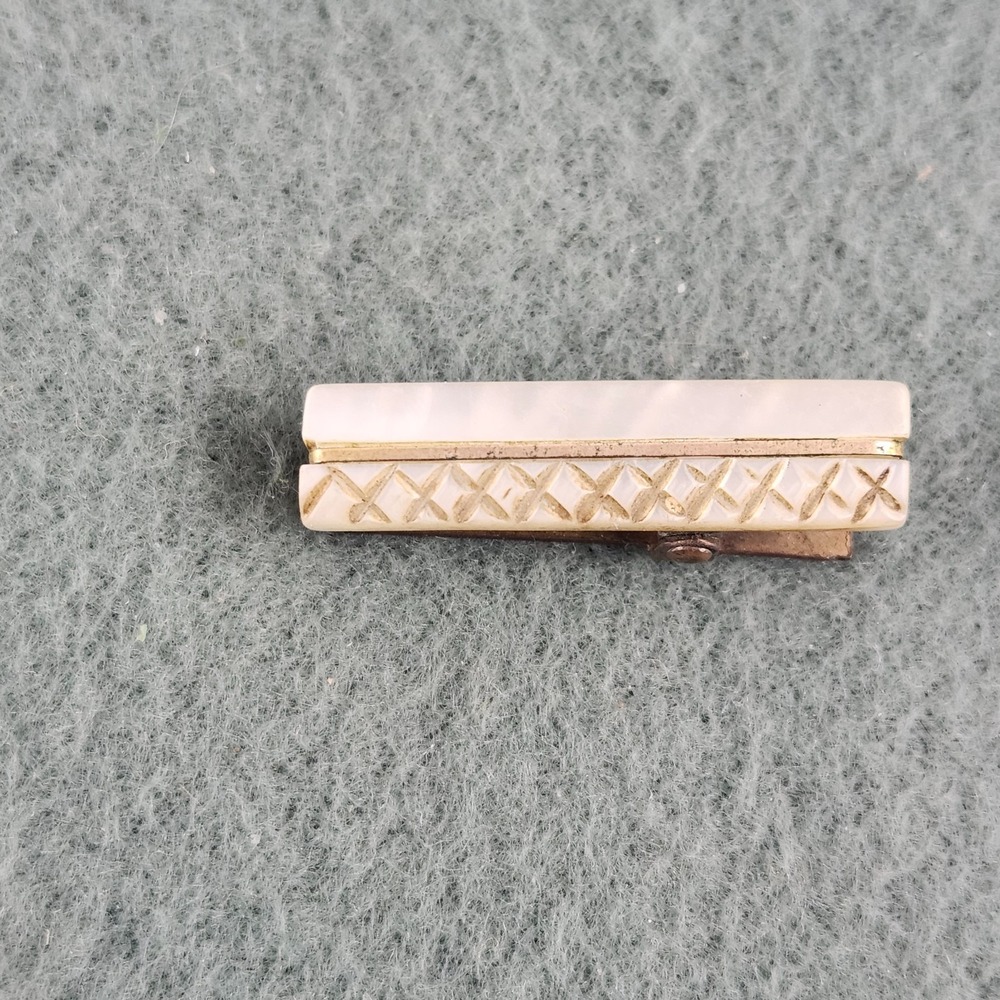 Vintage‎ Enamel Tie Bar Clip Gold and White MCM